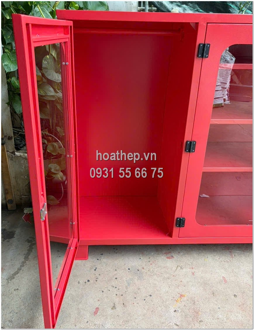 Tủ đựng đồ PCCC bằng kính, Tủ kính cường lực đựng bình chữa cháy, Tủ sơn tĩnh điện màu đỏ, Tủ chứa dụng cụ cứu hỏa, Tủ PCCC 3 tầng mâm di động