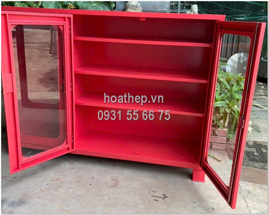 Tủ đựng đồ PCCC bằng kính, Tủ kính cường lực đựng bình chữa cháy, Tủ sơn tĩnh điện màu đỏ, Tủ chứa dụng cụ cứu hỏa, Tủ PCCC 3 tầng mâm di động